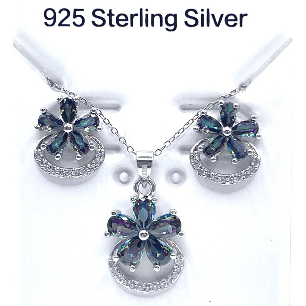 S925 Sterling Silver Floral Necklace &‎ Earrings Set Iridescent CZ